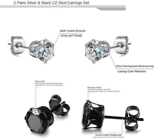 2 Pairs 316L Surgical-Steel Black & Silver Round CZ Men & Women Stud Earrings